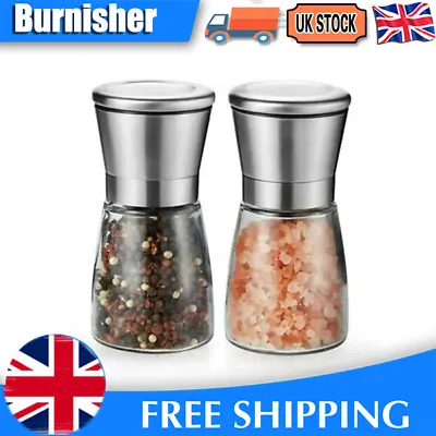 2PCS Salt Pepper Grinder Set Stainless Steel Glass Shaker Mill Coarse Adjustable • £7.29