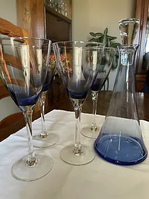 Set Of 5 Crystal Wine Glasses & Decanter Cobalt Blue Vintage 7oz Glass Nice MTM • $30