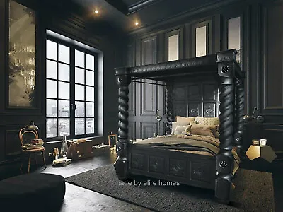 £4999 • Buy 6' Super King Gothic Black Tudor 19cm Thick Column Victorian Style Mahogany Bed
