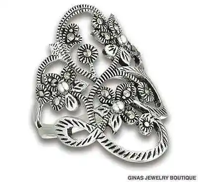 LONG FLOWER W/ MARCASITE Nice Detail Genuine Sterling Silver.925 Size 6789 • $28.95