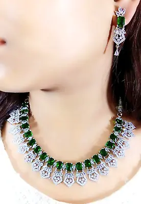 Indian Bollywood Silver Plated  AD CZ Choker Necklace Wedding Bridal Jewelry Set • $29.03