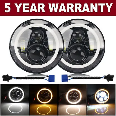 For Jeep Wrangler JK LJ TJ CJ Pair 7  Inch Round LED Headlights Halo Angle Eyes • £27.99