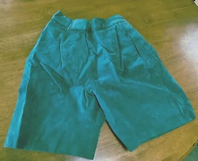 Bright Teal Real Suede Leather Women's Skort Shorts Culotte Lined Size 10 Vtg • $19.98