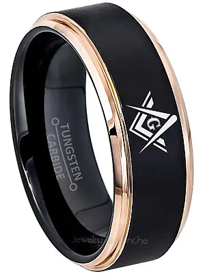 Masonic Ring Tungsten Wedding Ring Freemason Black & Rose Gold Tungsten Ring • $77