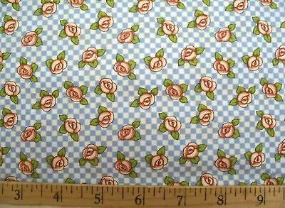 Htf 2000 Mary Engelbreit Pink Roses Floral Blue White Check Cotton Fabric Fq • $7.95