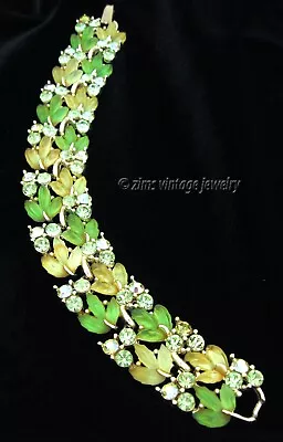 Vintage LISNER Spring Green Molded Jelly Lucite LEAVES Leaf Rhinestone BRACELET • $30