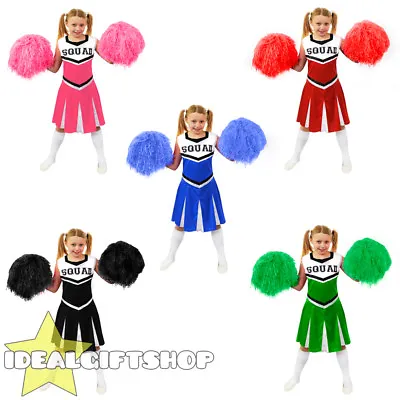 Child's Cheerleader Fancy Dress Costume With Pom Poms Black Blue Green Pink Red • £11.99