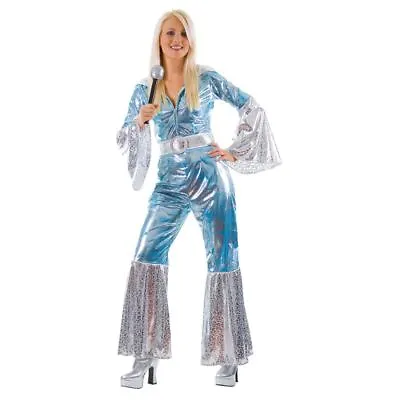 NEW 1970's Waterloo Blue Jumpsuit Abba Mama Mia Ladies Fancy Dress Costume • £27.99