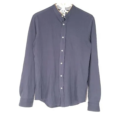 Zara Men's Pique Long Sleeve Shirt With Elbow Patches Mao Collar Navy Blue Sz S • $16.99