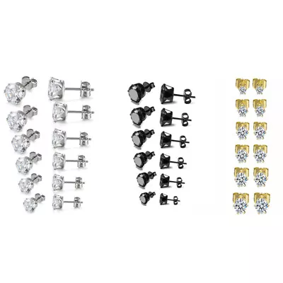 3mm-8mm Stainless Steel Round Clear Cubic Zirconia Men Women Ear Stud Earrings • $5.99