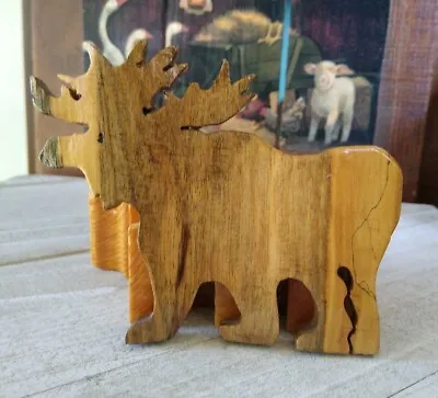 Handsome Vintage Hand Carved Wood Trinket Jewelry Box Folk Art Wooden Box Moose  • $35