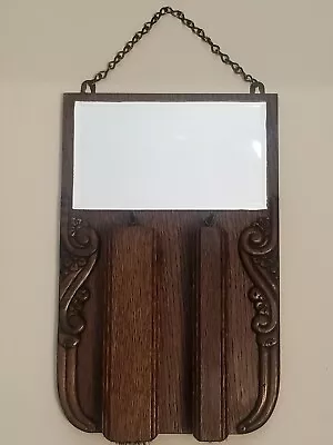 ANTIQUE QUARTER SAWN OAK VANITY SHAVING MIRROR W PAIR BRUSHES WALL MOUNT • $74.95