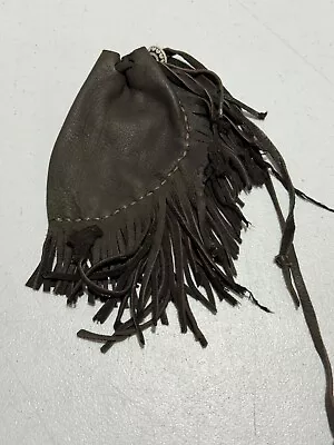 Vintage LEATHER MEDICINE BAG Native American POUCH Fringed Purse Dark Brown Bead • $19.99