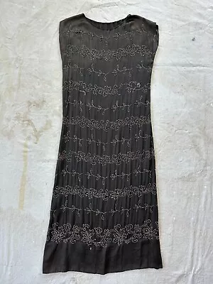 Vintage 1920s Black Silk Art Deco Leaf Motif Bead Shift Sleeveless Flapper Dress • $19.99