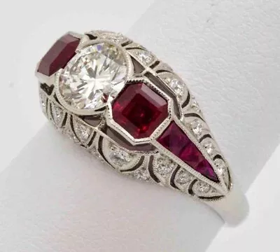 Art Deco Vintage Style 2ct Lab-Created Diamond & Red Ruby  Engagement Ring • $82.25