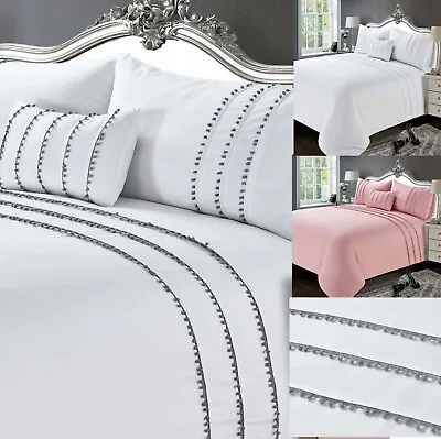 Grey Pink White Quilt Duvet Cover Set Contemporary  POM POM  Range • £10.79