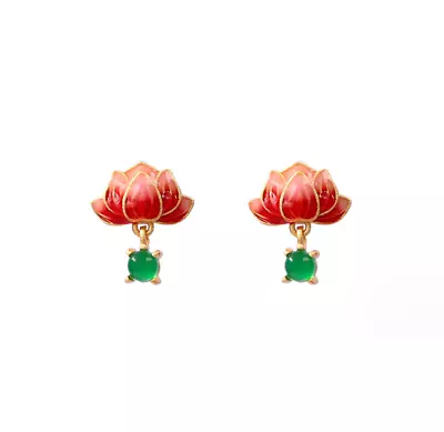 Jade Enamel Dangle Earrings Boho Lotus Flower Dainty Gemstone 18K Gold Plated • $10.95