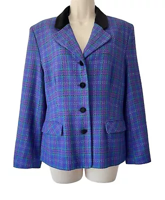 True Vintage 90s Tartan Blazer Size 14 Blue Checked Tweed Velvet Collar Jacket • £19.95