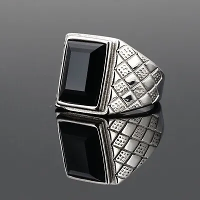 Vintage Men's Black Square CZ Wedding Ring Stainless Steel Classic Signet Ring • $13.98