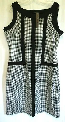 Voir Voir Houndstooth Black Trim Knee Length Sleeveless Sheath Dress Size 14 NWT • $18.36