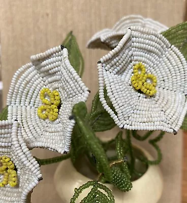 Vintage French Beaded Flowers White Dogwood 4 Blooms With Leaves One Steam • $18