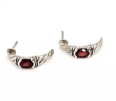 Red Garnet Half Hoop Twisted Rope Sterling Silver Vintage Gemstone Earrings • $26