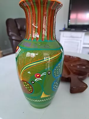 Vintage Mexican Folk Art  Vase 9In Hand Painted Red Clay Pottery Colorful Bird • $21