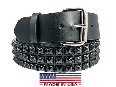 Black Pyramid Stud Belt Genuine Leather Three Row Rock Goth Sid Vicious Punk • $44.99