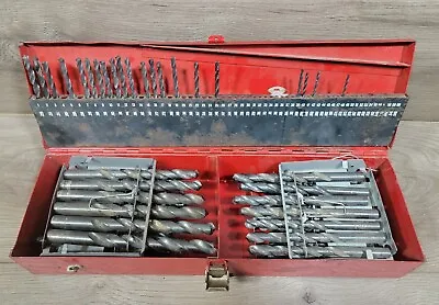 Vintage Drilbox Metal Index Drill Bit Box And 80+ Bits Mostly Marked PTD HS & HS • $64.99