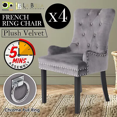 4X Dining Chair French Provincial Ring Studded Velvet Rubberwood LISSE - GREY • $589