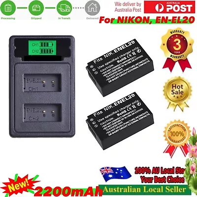 2x 2200mAh Battery / Charger For Nikon EN-EL20 ENEL20 1AW1 1J1 1J2 1J3 1S1 1V3 • $48.20