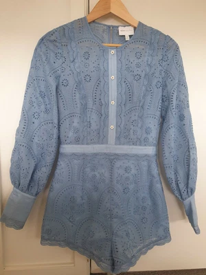 $130 • Buy ALICE MCCALL - Dove Blue Mosaic Broiderie Long Sleeve Playsuit 8