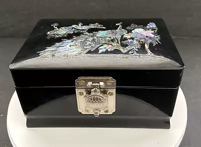 Oriental Musical Jewelry Ring Box Black Laquerware Mother Of Pearl Inlay Peacock • $28