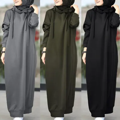 Women's Muslim Hoodie Long Sleeve Loose Abaya Dress Top Solid Size S-3XL  • $9.89