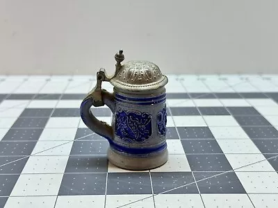 Vintage Blue And Gray Salt Glaze Miniature Steins W/ Metal Lid • $19