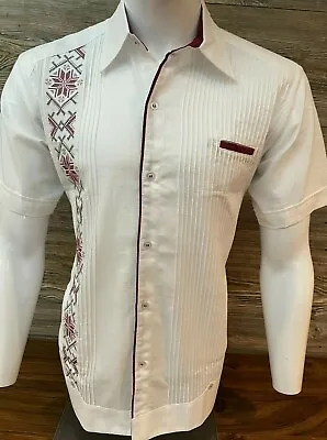 Men's Mexican Guayabera Shirt Presidential White Linen Short Sleeve Red Wine  • $50