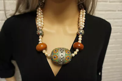 Moroccan Berber Necklace Freshwater Pearl Necklace Handmade Resin Amber • $187.46