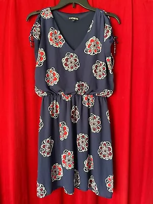 EXPRESS Women's Dress Sz S/P Navy Blue W/ Large Floral Print Elastic Waist • $15