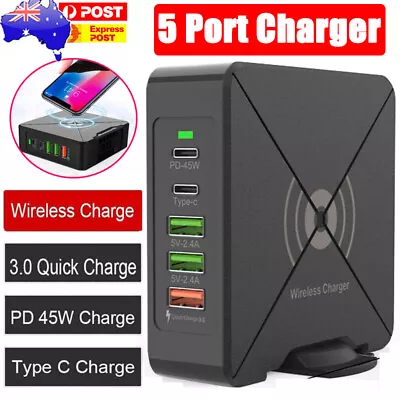 $37.89 • Buy 75W USB C Wirless Charger PD Fast Charging Station QC3.0 Type C Adapter 5 Port