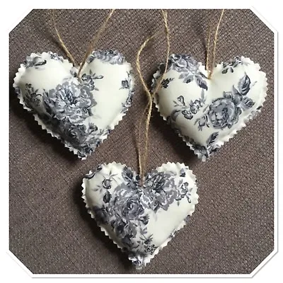 £4.35 • Buy Set Of 3 Handmade Fabric Hanging Love Hearts Silver Grey Rose Shabby Chic
