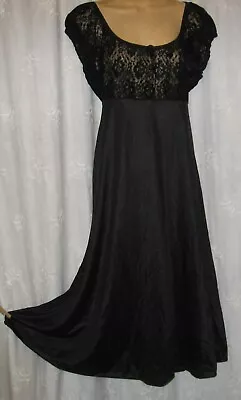 Xl Vintage Adonna  Silky Black Stretch Lace Bodice And Cap Sleeves Nighgown Gown • $39