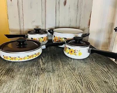 Vintage 1970s Flower Daisy  Enamel Pots And Pan Set 7 Pc • $100