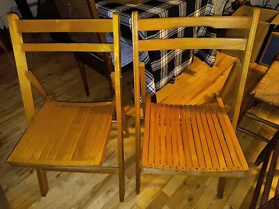 X2 Mid-Century Modern Folding SLAT WOOD CHAIRS Brown Dining Hide-Away Vtg MCM • $125