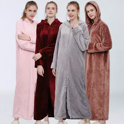 Ladies Hooded Dressing Gown Bath Robe Warm Soft Womens Fleece Zip Up Long Robes • £25.89