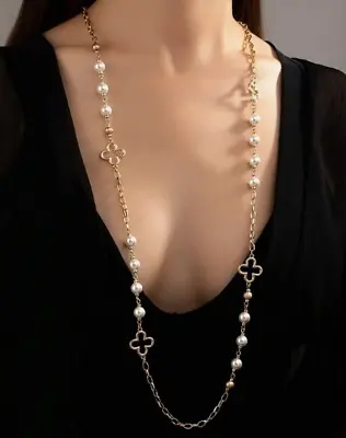 Clover And White Pearl Necklace 4 Four Leaf Clover Gold Tone Necklace 36  • $13.95