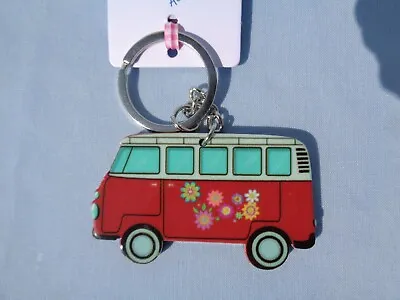 Camper Van Keyring Red With Flowers Laminated Dense Plastic Strong • £3.45