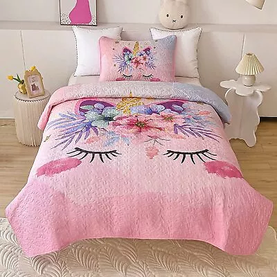 2PCS Pink Unicorn Flowers Twin Size Quilt Set Girls Kids Comforter Bedding Set  • $34.42