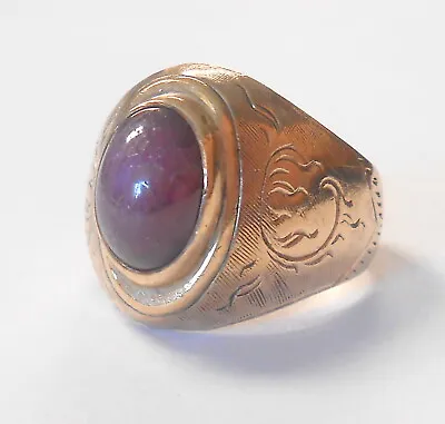 Vintage 3ct Cabochon Natural Ruby Etched 10K Yellow Gold Wide Mens Ring Size 9.5 • $999