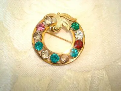 V.D. 12K G.F. Circle Pin Brooch Leaves Multi Color Rhinestones Van Dell As Found • $10