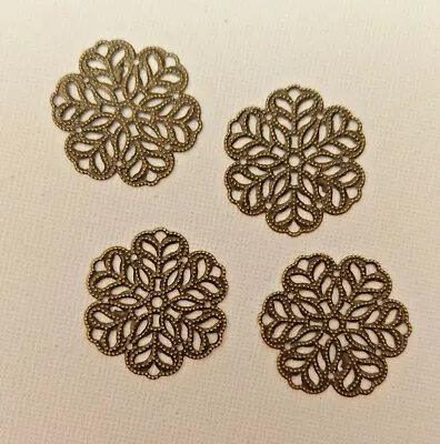 4x Mini 28mm Ø Flower ANTIQUE BRONZE FILIGREE EMBELLISHMENTS Flat Metal CRAFT • £2.59